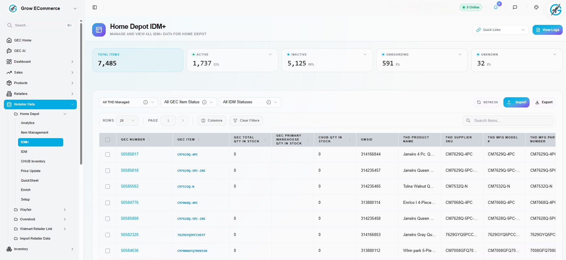 Home Depot IDM+ portal management showing active item statuses, OMSID tracking, and dropship inventory feeds
