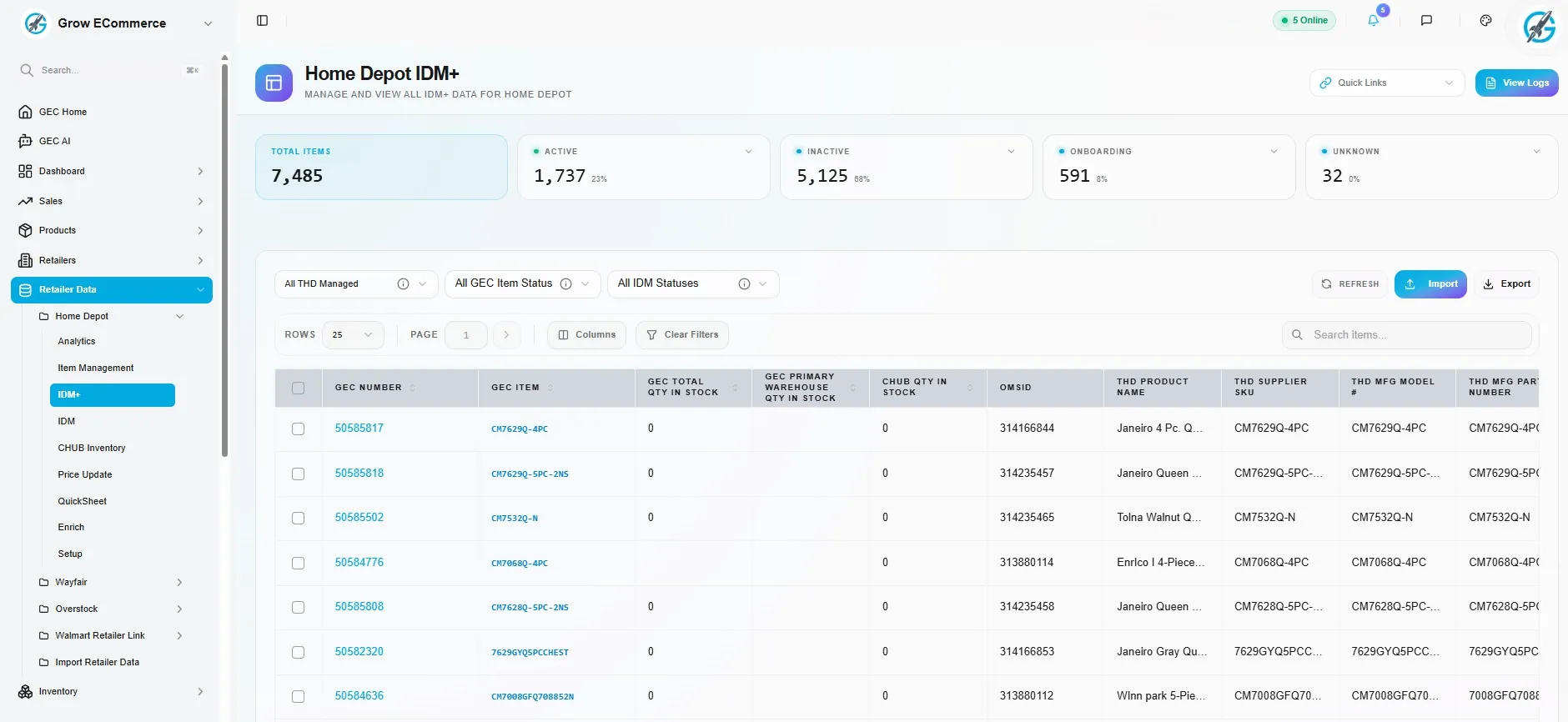 Home Depot IDM+ portal management showing active item statuses, OMSID tracking, and dropship inventory feeds